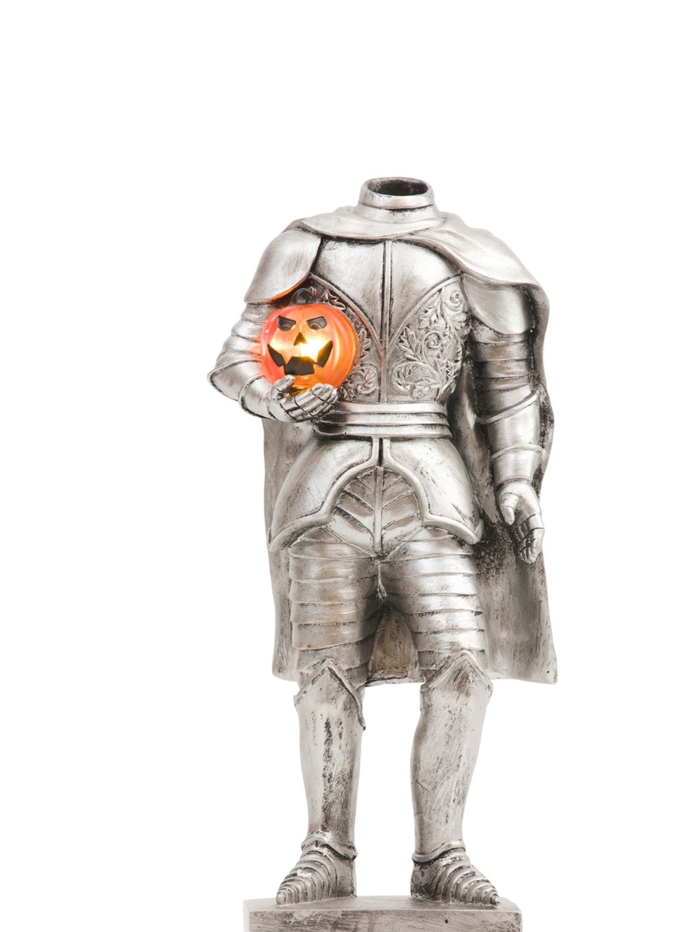 Martha Stewart Silver Headless Knight Statue with Orange Jack-O'-Lantern